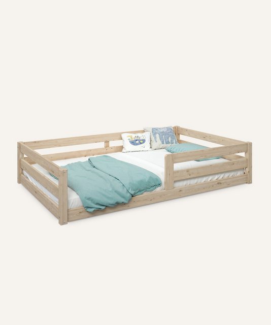 Ehrenkind Kinderbett Bodenbett 90×200 und 120×200 mit Rausfallschutz in Natur und Weiß, .