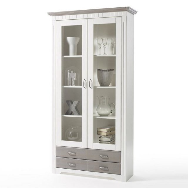 Empinio24 Vitrine Cordoba Breite 106 cm, Kiefer massiv weiss, im Landhausstil