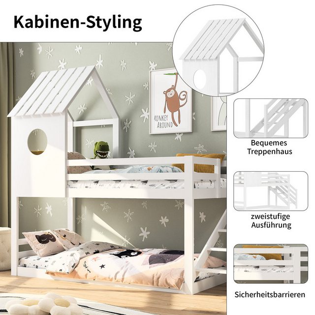 FUROKOY Etagenbett Kinderbett mit Dach und Fensteraus Kiefer Massivholz,90x200cm (Unterbett Doppelbett Kiefernholz Hausbett), Kinderhochbett mit Fallschutzgitter für Familien mit zwei Kindern