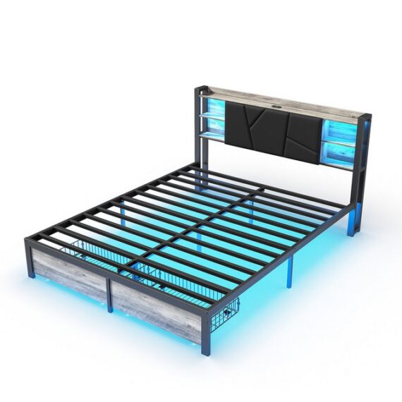 FUROKOY Metallbett Eisenholzbett Doppelbett Stauraumbett (140/160/180x200cm), Jugendbett mit LED-Beleuchtung und zwei Schubladen