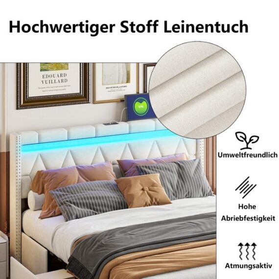 FUROKOY Polsterbett mit Stauraum, LED Beleuchtung, USB Ladefunktion und 4 Schubladen, 160x200 cm Doppelbett Rückenlehne Bettgestell mit Lattenrost, Beige