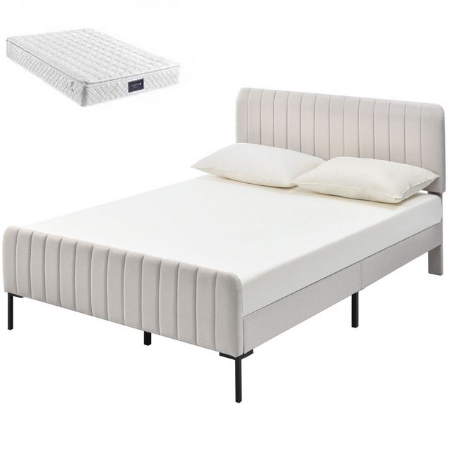 Fine Life Pro Bett Bettenset01 (Polsterbett, Bettgestell mit Lattenrost und verstellbarem Kopfteil), Polsterbett beige, Jugendbett, Leinenstoff