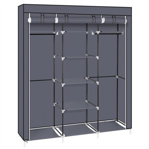 Fine Life Pro Stoffschrank "69" tragbarer Kleiderschrank aus Non-Woven-Stoff - Doppelte Stangen-Lagerung, staubdicht und wasserdicht, grau