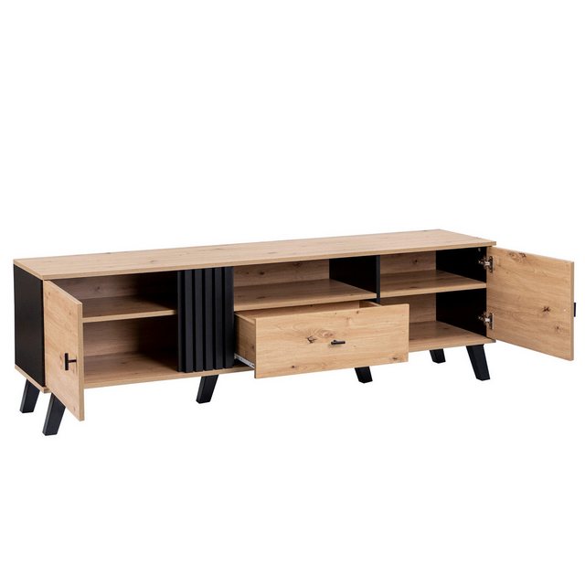 Fine Life Pro TV-Schrank Stilvolle Eleganz: 172cm TV-Schrank mit Holz- und Schwarzdesign, (Aufbewahrungsfunktionen, einzigartiges Erscheinungsbild) TV-Möbel, Lowboard mit Schubladen, Vielfältige