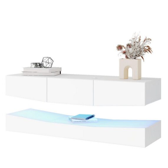 Fine Life Pro TV-Schrank TV Board Weiss Hängend TV Stand (Wand befestigter schwimmender TV-Ständer Unterhaltungs) TV Schank mit LED-Beleuchtung TV Schrank Hängend