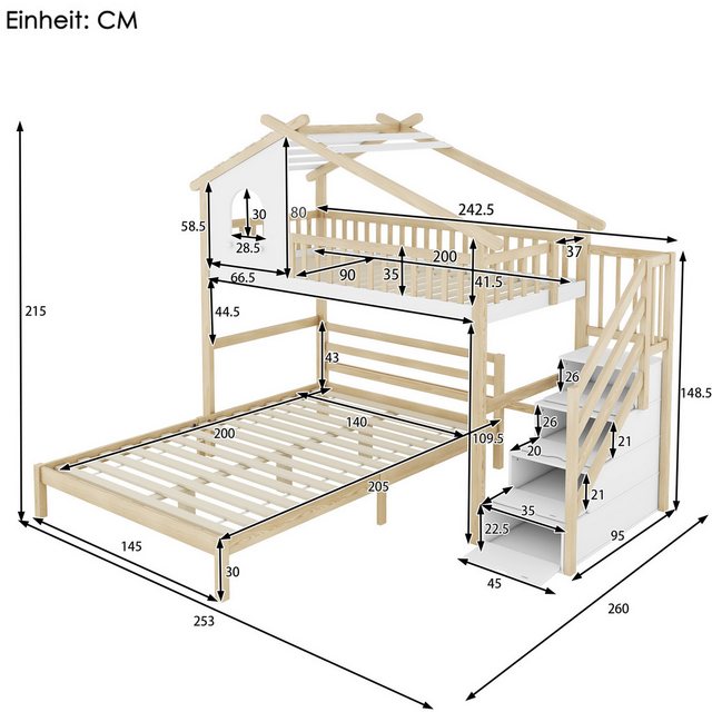 Flieks Etagenbett, Hochbett Kinderbett Hausbett mit Stauraumtreppe 90x200cm+140x200cm