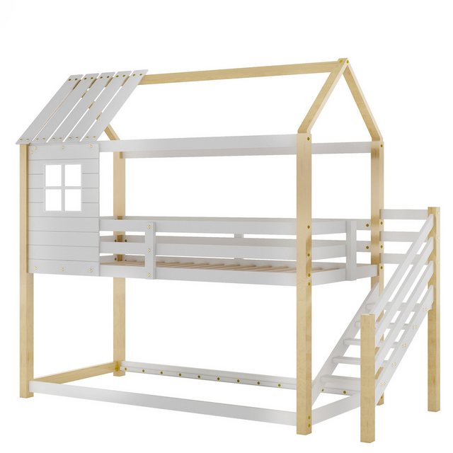 Flieks Etagenbett, Hochbett mit Treppe Hausbett Kinderbett Kiefer 90x200cm