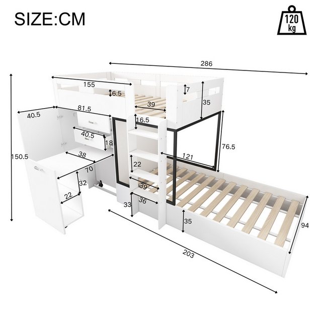 Flieks Etagenbett, Kinderbett 90x200cm mit ausziehbarem Tisch, Garderobe, großem Stauraum