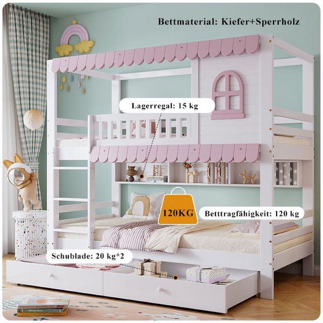 Flieks Etagenbett, Kinderbett 90x200cm mit offenen Regal und 2 Schubladen mit Rollen