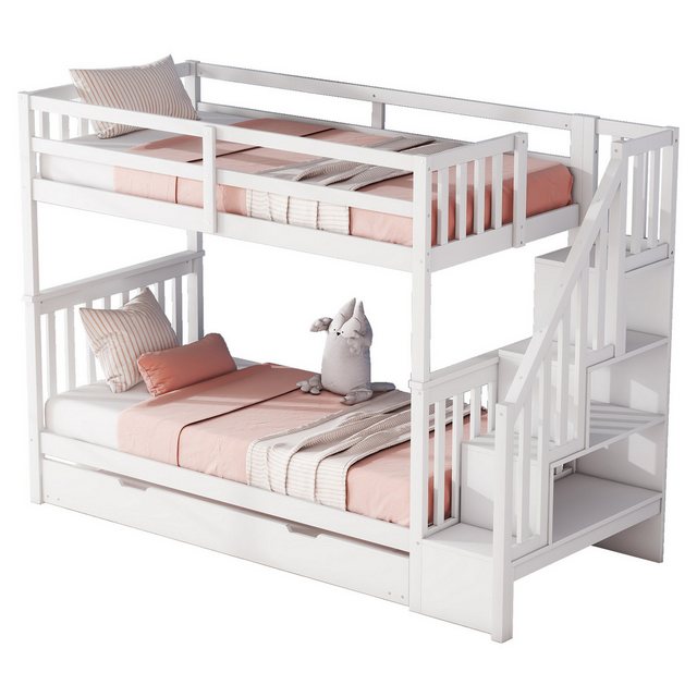 Flieks Etagenbett, Kinderbett Hochbett 90x200cm mit Stautreppe und Ausziehbett 90x190cm