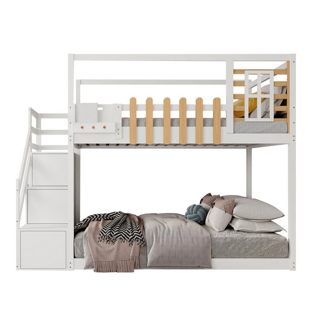 Flieks Etagenbett, Kinderbett Kiefernholzbett mit Treppe und Stauraum 90x200cm