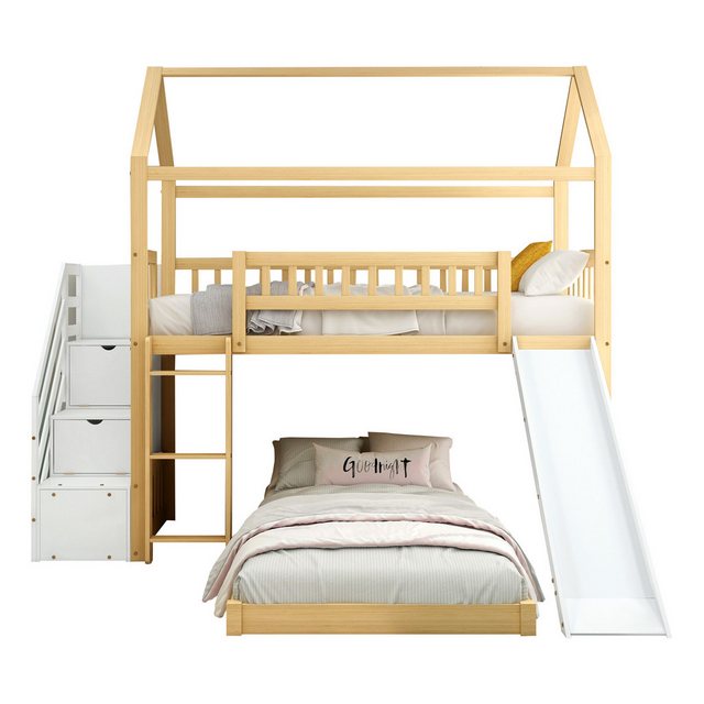 Flieks Etagenbett, Kinderbett mit Treppe Stauraum Rutsche Kieferholz 90x200cm