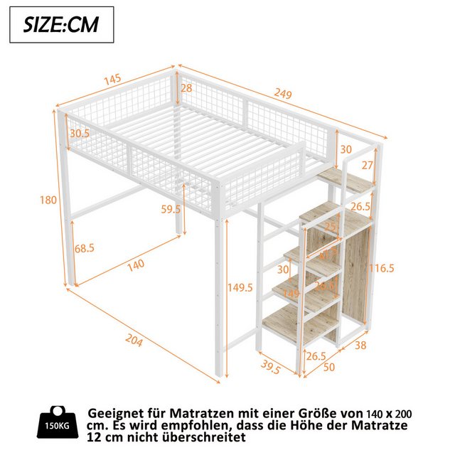 Flieks Hochbett Kinderbett 140x200cm mit Leiter, Aufbewahrungsregal und Kleiderschrank