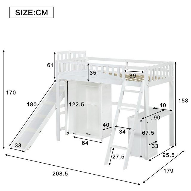 Flieks Hochbett Kinderbett 90x200cm mit Kleiderschrank, Schreibtisch, Leiter, Rutsche