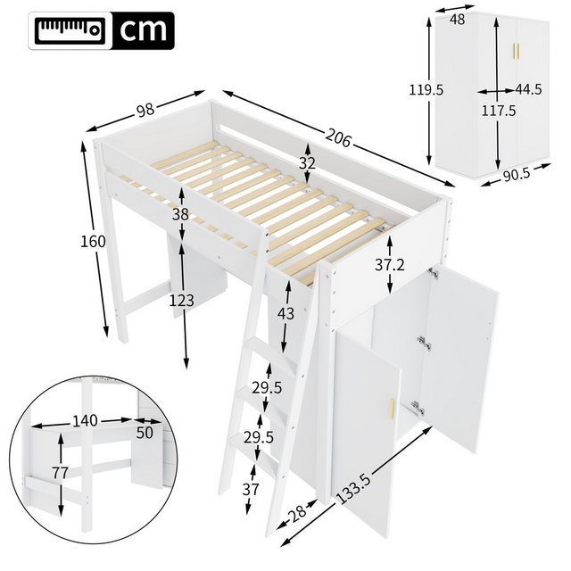 Flieks Hochbett Kinderbett 90x200cm mit Leiter, Schreibtisch und Kleiderschrank