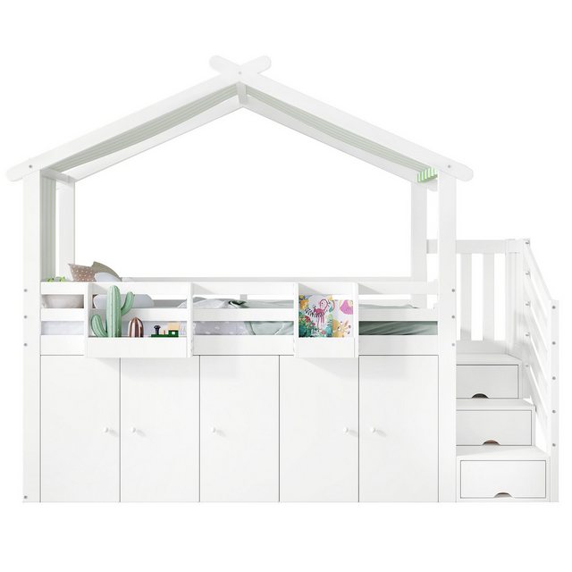 Flieks Hochbett Kinderbett 90x200cm mit Vorhang, Kleiderschrank und Stauraumtreppe