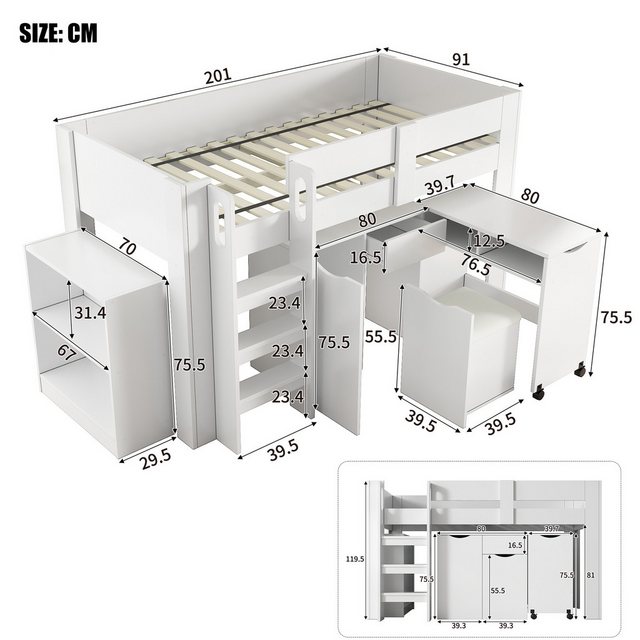 Flieks Hochbett Kinderbett 90x200cm mit beweglichem Schrank, Schreibtisch und Stuhl