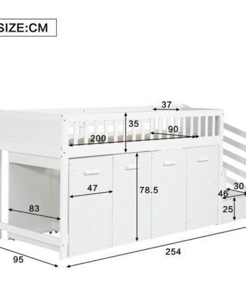 Flieks Hochbett Kinderbett 90x200cm mit herausnehmbarem Schreibtisch Gaderobe Schrank