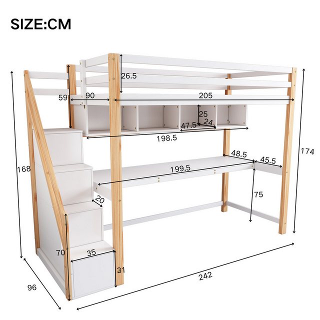 Flieks Hochbett Kinderbett mit Regale, Schreibtisch und Stauraumtreppe 90x200cm