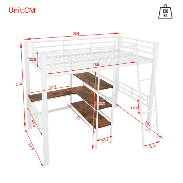 Flieks Hochbett Metallbett Kinderbett 90x200cm mit Schreibtisch Regale Geländer Leiter