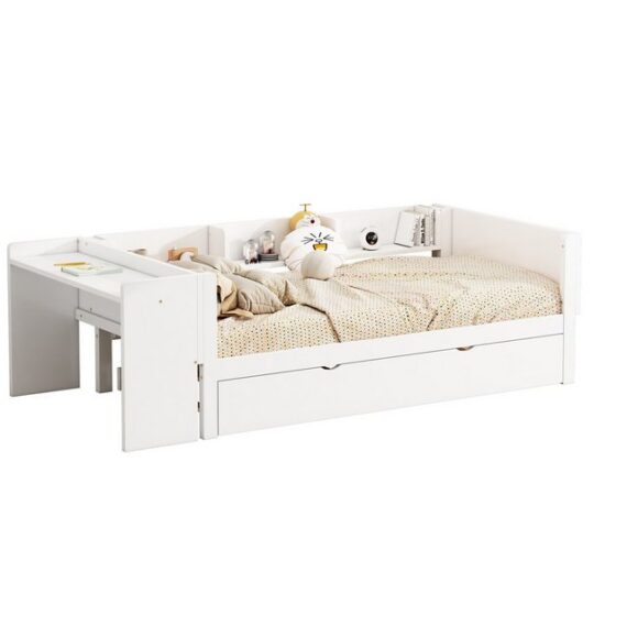 Flieks Massivholzbett, Kinderbett Einzelbett 90x200cm mit Ausziehbett 90x180cm + Schreibtisch