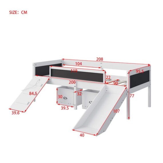 Furnishings Home Hochbett 90x200cm Kinderbett mit Treppe + Rutsche + 3 Tafeln + 2 Boxen (Set, Bett)