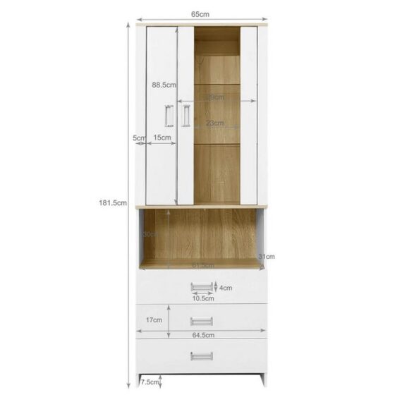 Furnishings Home Hochschrank Weiße Vitrine + LED-Licht + 3 Schubladen + 4 Fächer + 2 Türen (Set, 1er Set)