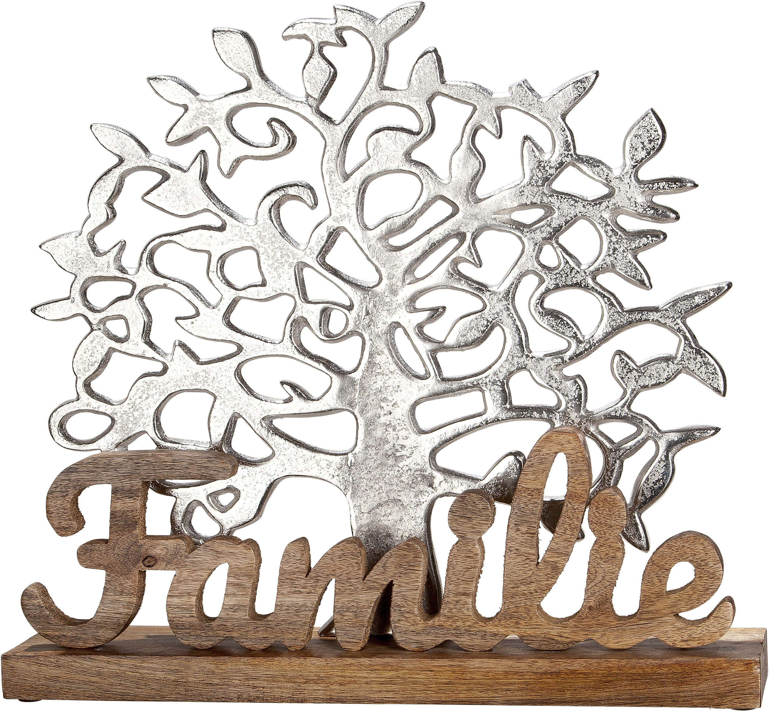 GILDE Dekofigur „Lebensbaum Familie, silber“, Dekoobjekt, Höhe 41 cm, mit Schriftzug, aus Metall & Holz, Wohnzimmer