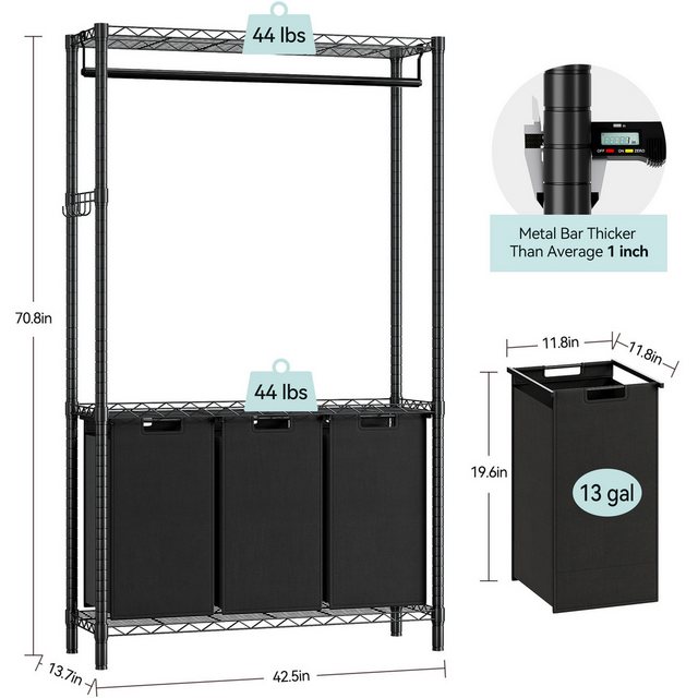 GarveeMore Wäschekorb 3 Fächer,mit 2 Ablagen,Kleiderstange,abnehmbar,3x50L, mit Garment Rack hängende Stange und verstellbare Lagerung Regal