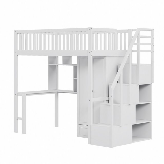 Gotagee Hochbett Kinderbett 90×200 cm Regal Stauraumbett Treppe Holzbett flaches Bett