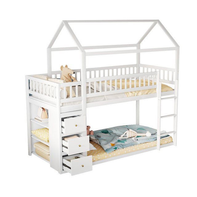 Gotagee Kinderbett Etagenbett 90×200 Holzbett Funktionsbett Gästebett Hochbett mit Leiter, Mit Aufbewahrungskommode und Regalen