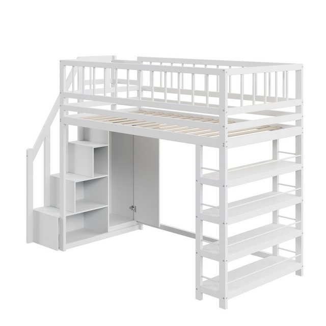 Gotagee Kinderbett Hochbett 90×200 Einzelbett Massivholzbett Stauraum Multifunktionsbett, mit Kleiderschrank, Regalen und Stauraum mit Sicherheitskletterleiter