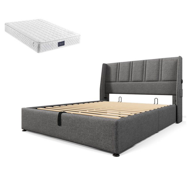 Gotagee Polsterbett Stauraumbett Doppelbett Jugendbett Multifunktionsbett Flaches Bett, mit USB/Typ-C Ladeanschlüsse