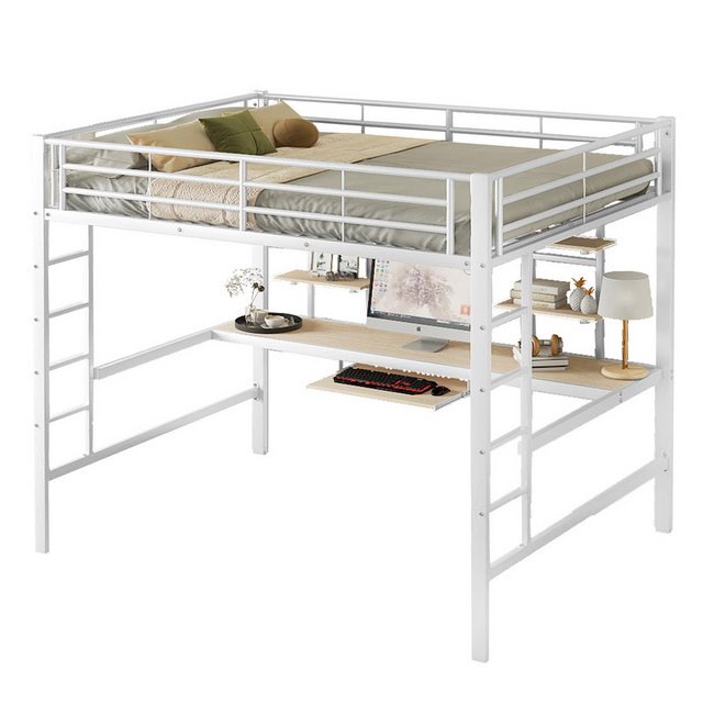 HAUSS SPLOE Bett 140×200 cm mit Schreibtisch und zwei Bücherregalen für Kinder, Weiß (Metall-Hochbett mit Schreibtisch und Bücherregalen, 90x200cm), Ohne Matratze