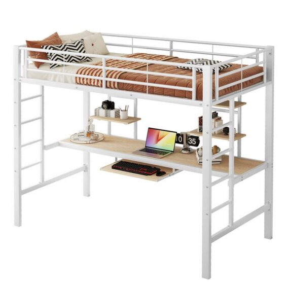 HAUSS SPLOE Bett 90x200cm mit Schreibtisch und zwei Bücherregalen für Kinder, Weiß (Metallbett mit Schreibtisch & 2 Regalen, für Kinder, 140x200cm), Ohne Matratze