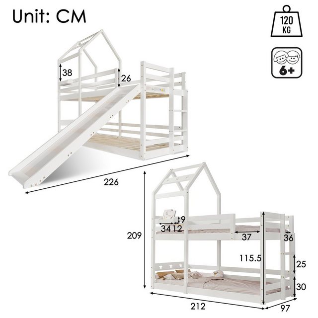 HAUSS SPLOE Etagenbett 90 x 200 cm mit Rutsche & Leiter, Hochbett für Kinder aus Kiefer Weiß