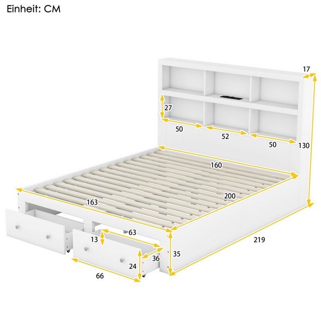 HAUSS SPLOE Holzbett Doppelbett Bettgestell Kinderbett Gästebett (Holzbett mit zwei Schubladen und Kopfteil mit Lagerregal), 160*200cm, Weiß