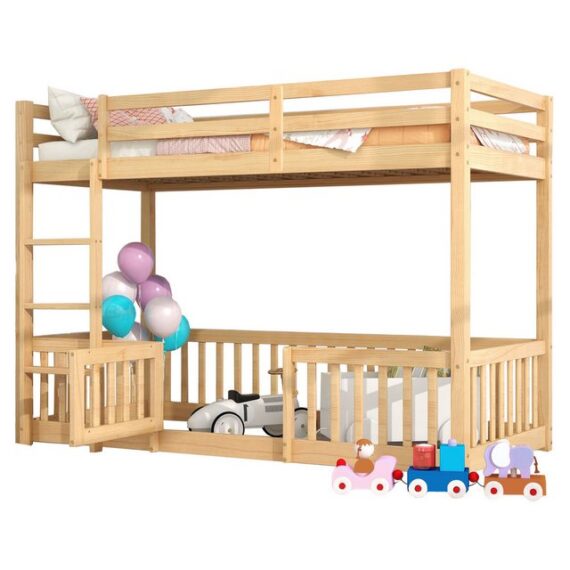 HAUSS SPLOE Kinderbett 200x90cm mit rechtwinkliger Treppe, Bett mit Zäune und Türen, natur (Kinderbett mit Fallschutz und Gitter, natur (200x90cm)