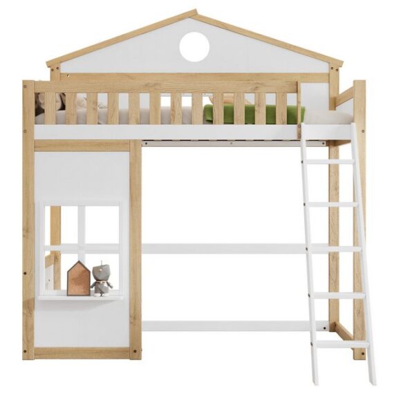 HAUSS SPLOE Kinderbett 90x200cm mit Treppe, Fallschutz und Gitter, Dach und Fenster, Weiß (mit Treppe, mit Fallschutz und Gitter, Kinderbett mit Dach und Fenster, Frei gestaltetes Unterbett, Rahmen aus Kiefer, Kiefer+MDF, 90x200 cm), ohne Matratze