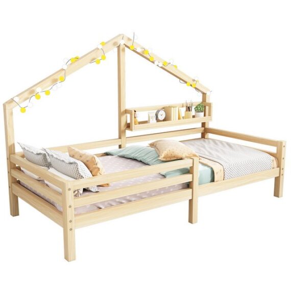 HAUSS SPLOE Kinderbett Hausbett Kinderbett mit Ablageregal Kaminform 90x200 Natur