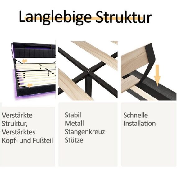 HAUSS SPLOE Polsterbett 160x200cm Kopfteil mit USB-Steckdose Schwebebett, Leinen, Grau (Multifunktionales Kopfteil mit USB-Steckdose, Kopfteil für Ablage und Stauraum mit Handytasche), Schwebebett Jugendbett Erwachsenenbett 160x200 cm, ohne Matratze