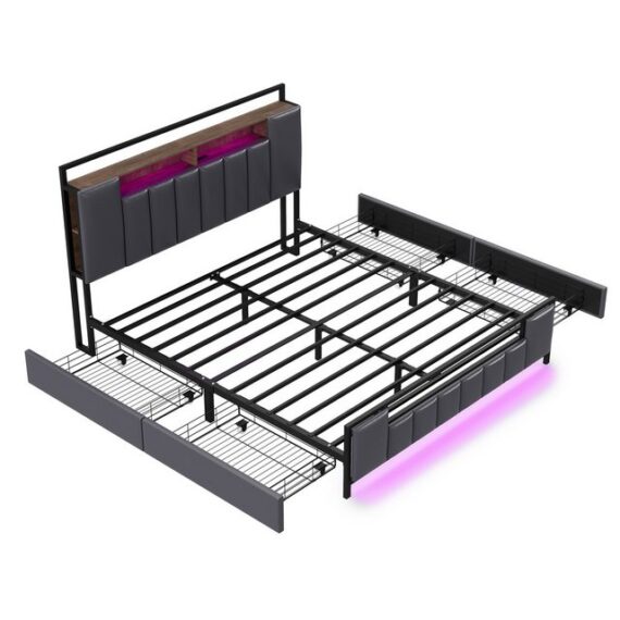 HAUSS SPLOE Polsterbett 160x200cm mit LED-Licht, USB-Steckdose, Schubladen, Kunstleder, Grau (mit LED-Licht, mit USB-Steckdose, mit Schubladen, Bettgestell aus massivem Eisen, Jugendbett, Erwachsenenbett, Doppelbett, Kunstleder), ohne Matratze