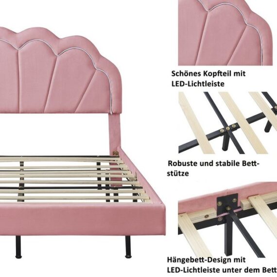 HAUSS SPLOE Polsterbett Polsterbett Funktionsbett Bettrahmen KInderbett Doppelbett (hautfreundlichem Samtstoff, Gepolsterter Schwebebett Rahmen, mit LED-Leuchten und Kopfteildesign), ohne Matratze, Gepolsterter Schwebebett Rahmen