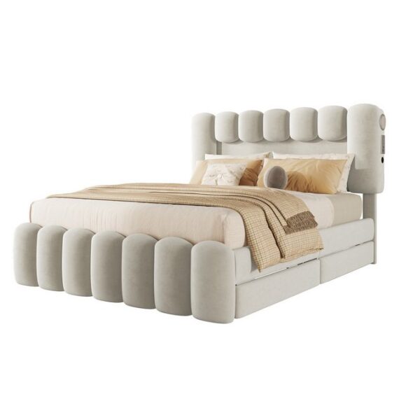 HAUSS SPLOE Polsterbett Polsterbett Funktionsbett Bettrahmen KInderbett Doppelbett (mit 4 Schubladen und LED-Lichtleiste, Jugendbett mit USB und Stereoanlage), 140*200 cm, Beige