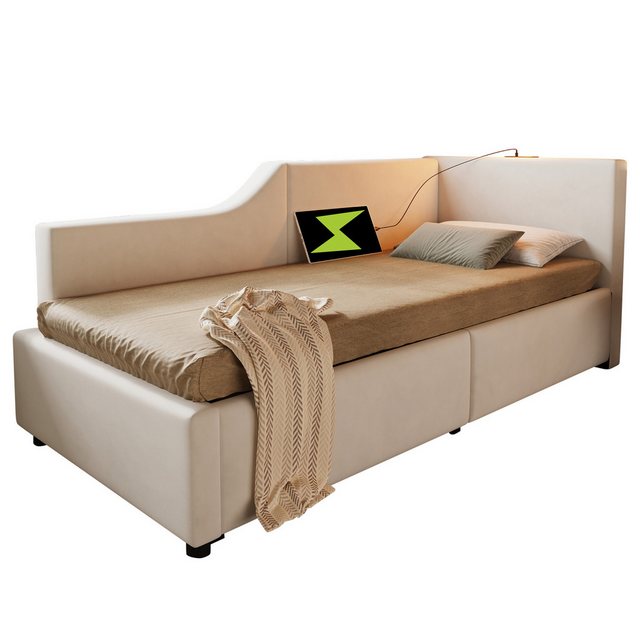 HAUSS SPLOE Schlafsofa 90x190cm mit hydraulischem Stauraum, Leselicht, Ladefunktion, Beige