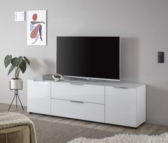 HBZ Lowboard "Santorin TV Möbel bis 65 Zoll, Stellmaß BxHxT 180x55x40 cm", (1 St.), Mit 2 Türen mit Softclose, 1 Schubkasten, Glasfront und Glasoberboden