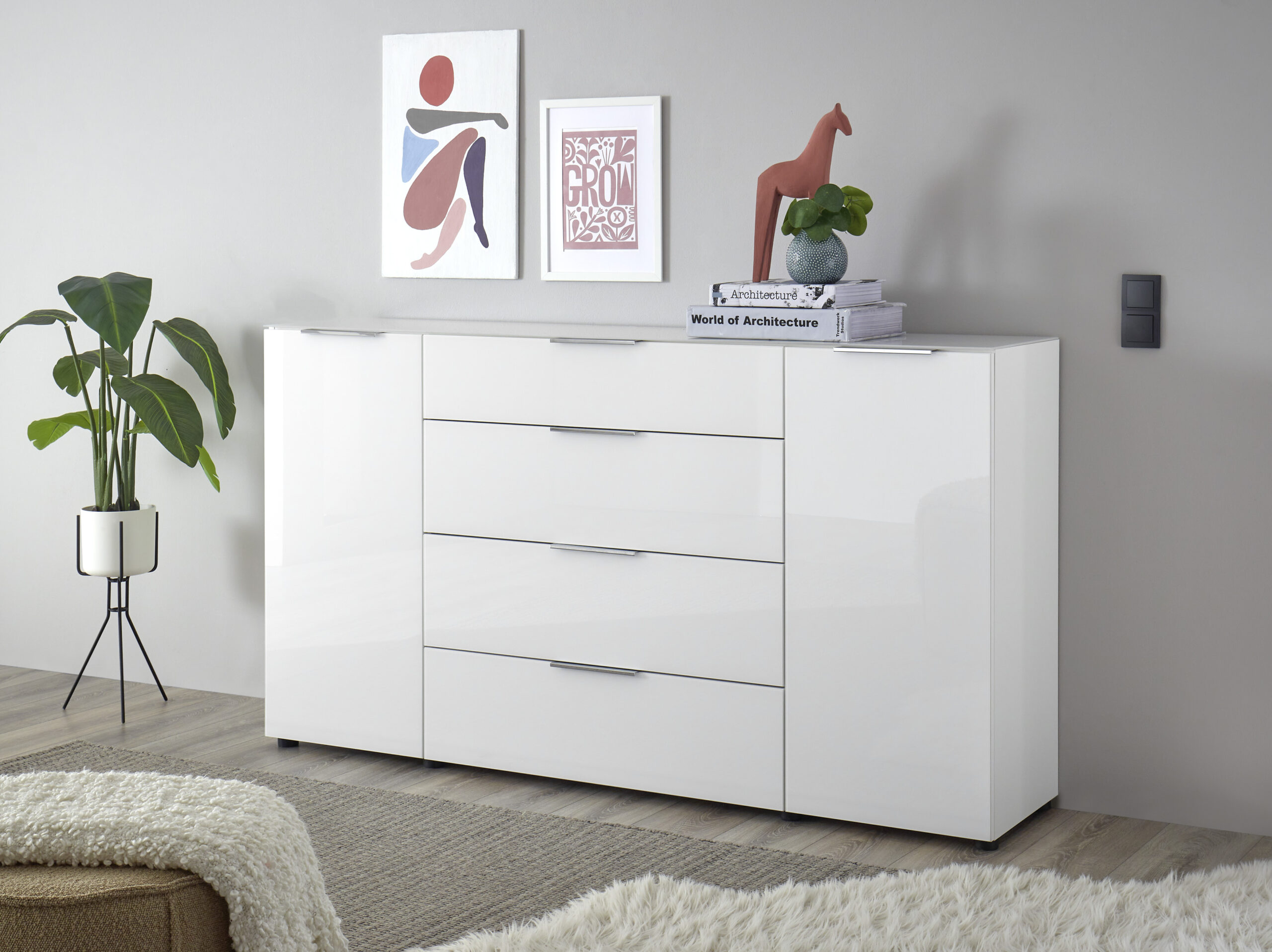 HBZ Sideboard „Santorin Kommode mit Schubkästen, BxHxT 180x99x40 cm“, (1 St.), Mit 2 Türen, 4 Schubkästen mit Softclose, Glasfront und Glasoberboden