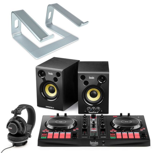 HERCULES DJ Controller Hercules DJ Essentials Kit DJ-Set mit Laptopständer Silberfarben, (Vorteil-Set)