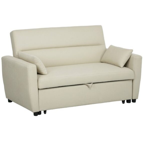 HOMCOM Schlafsofa 2-Sitzer Sofa mit Schlaffunktion, Verstellbare Rückenlehne, Schlafcouch mit Bettkasten 1 Teile, für Wohnzimmer, Gästezimmer, Beige