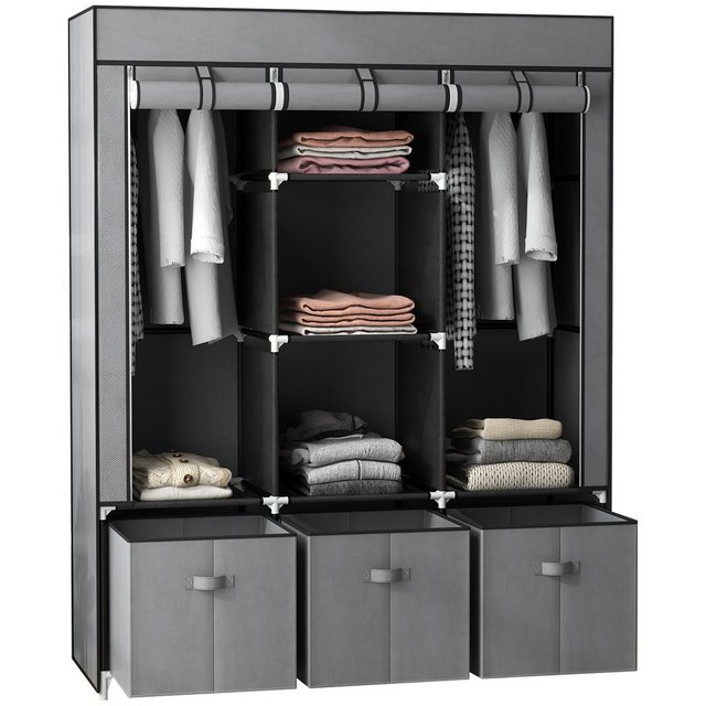 HOMCOM Stoffschrank Kleiderschrank mit Kleiderstangen und Schubladen (Faltbare Garderobe, 1-St., Faltschrank) Dunkelgrau, 125 x 43 x 162,5 cm